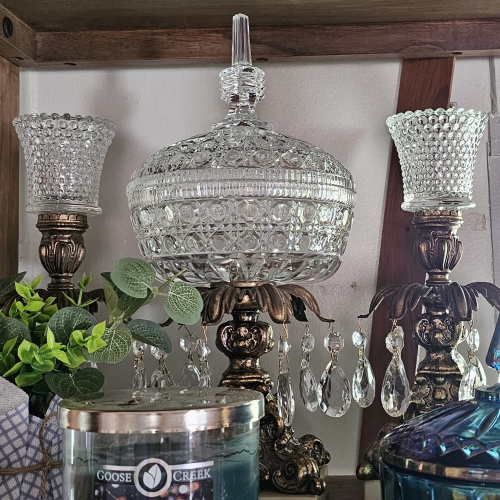 Vintage set of Italian cut candy dish with matching candle holders